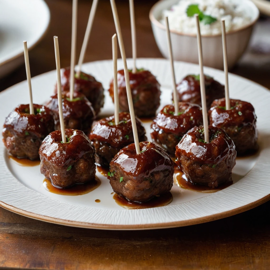 Golden brown meatballs wrapped in crispy bacon, glazed with a shiny, sticky caramel sauce on a serving platter.