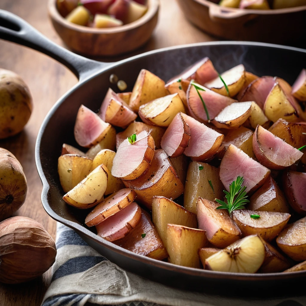 A sizzling skillet with golden potatoes and sticky brown sugar glazed ham cubes, garnished with fresh parsley.