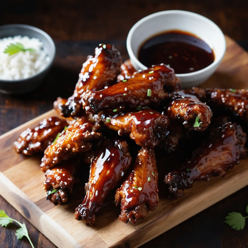 Golden crispy chicken wings drizzled with a dark red glaze, served on a rustic wooden board.