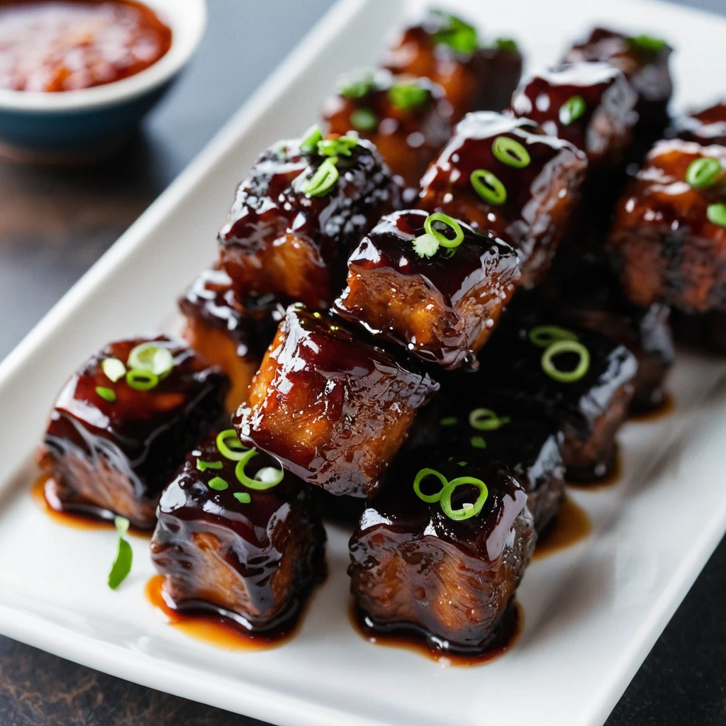 Golden-brown pork rib bites glistening with a deep red glaze, served on a white plate.