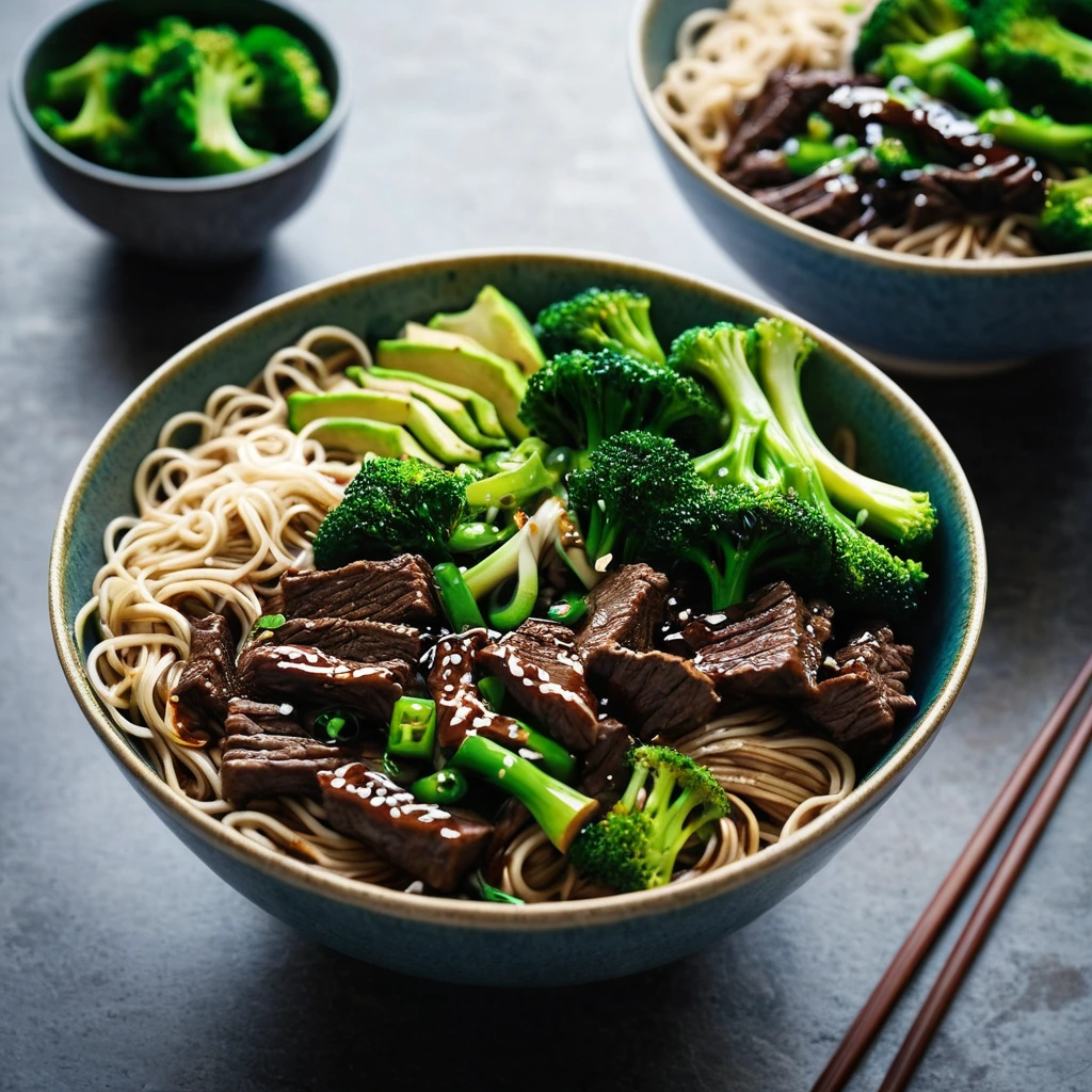 Bowl of noodles topped with beef and broccoli, drizzled with dark, glossy sauce.