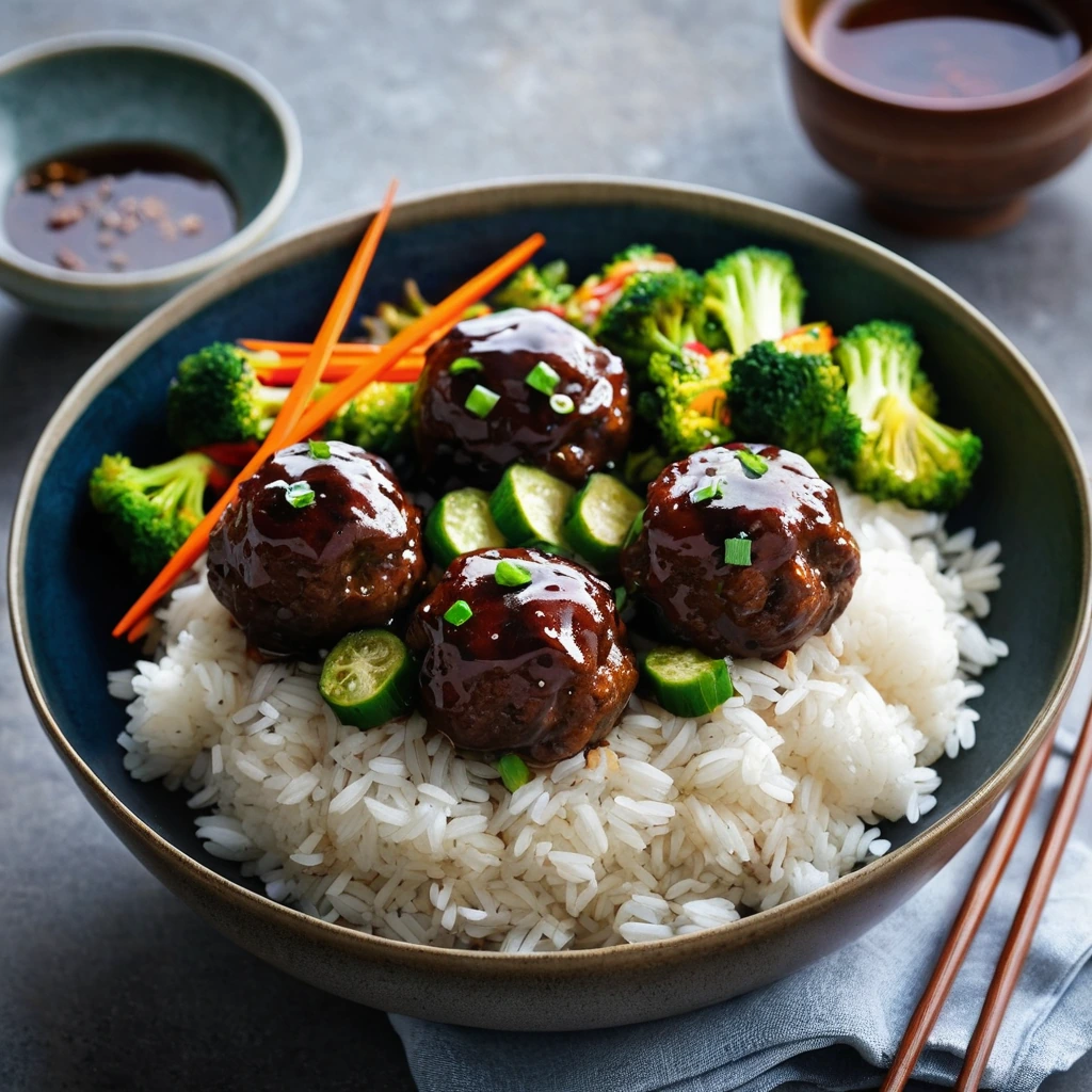 Steamed rice topped with saucy pork meatballs and a vibrant array of stir-fried vegetables.