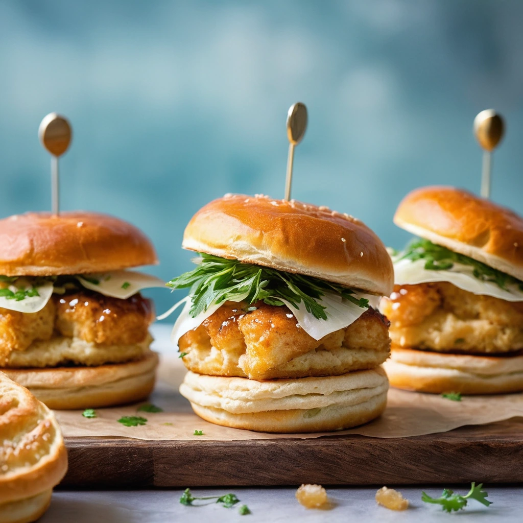Golden brown biscuit sliders with glistening honey-glazed chicken stacked high, garnished with fresh parsley.