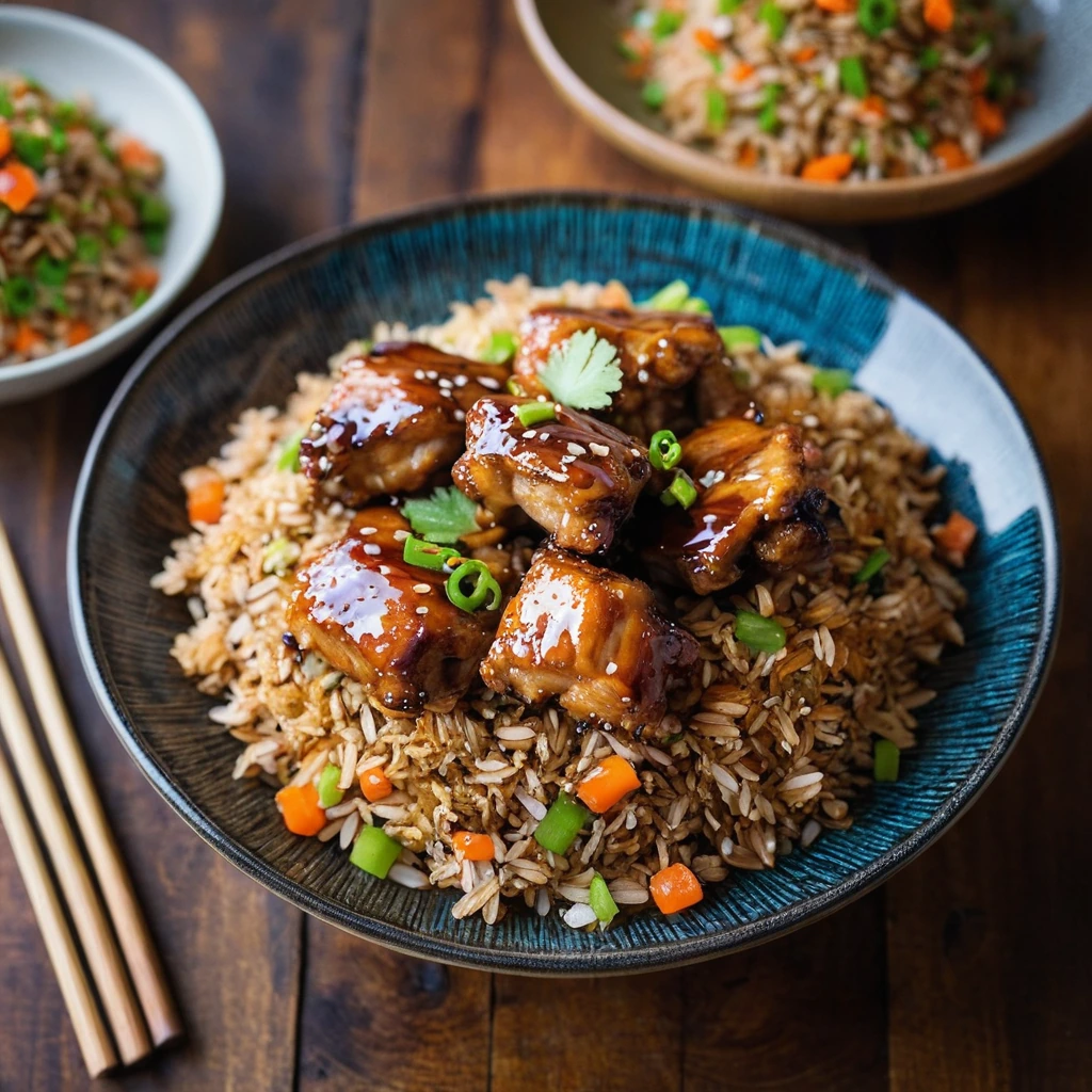 Golden chicken thighs with a shiny glaze over a bed of colorful fried rice in a rustic wooden bowl.