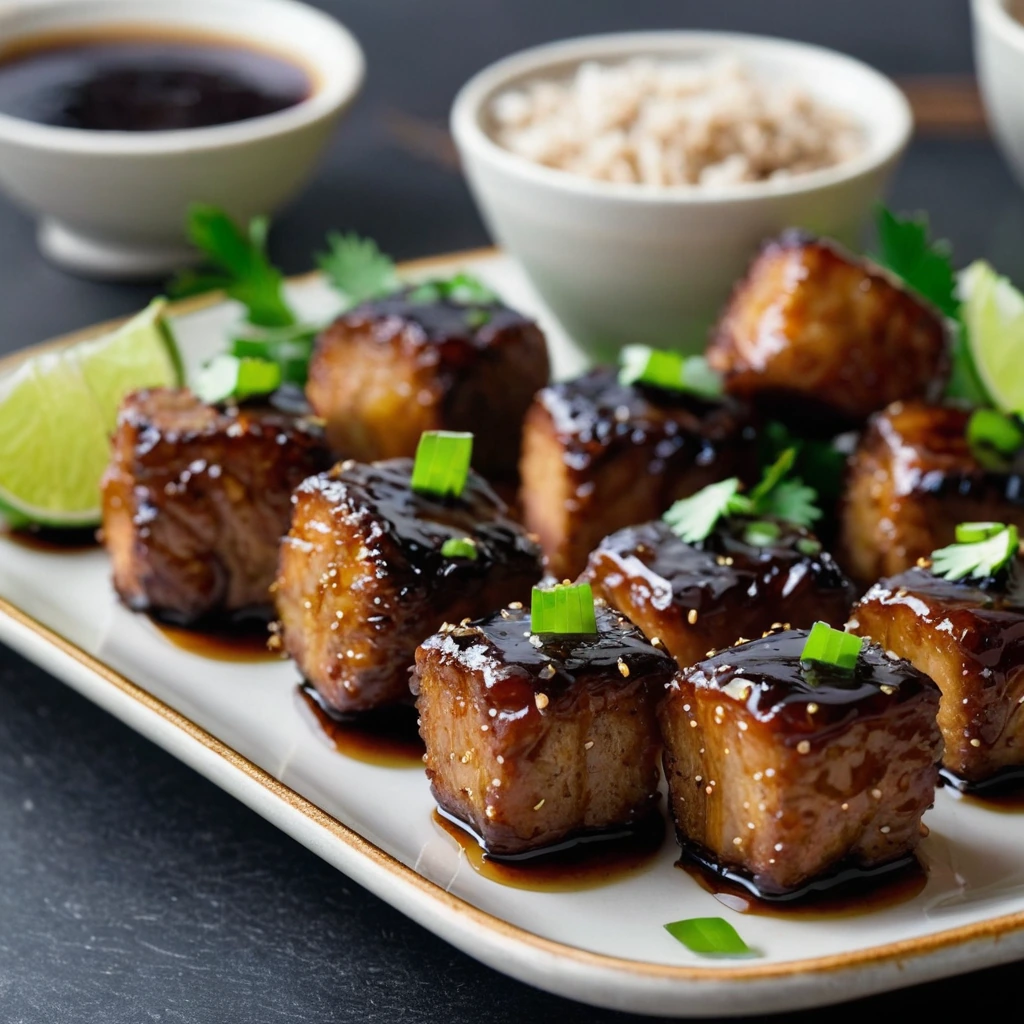 golden-brown pork bites glistening with a sticky glaze on a platter