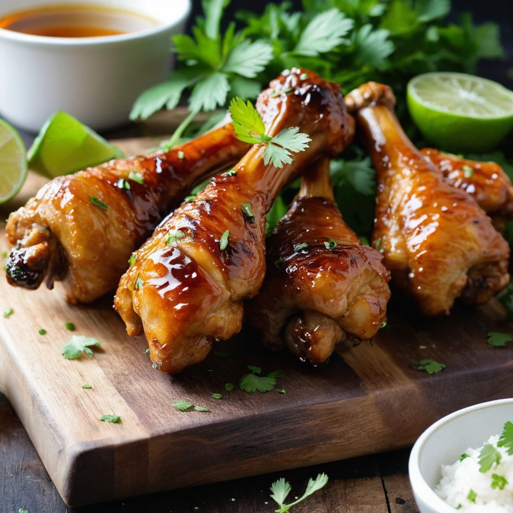 Golden chicken drumsticks with a glossy honey glaze arranged on a rustic wooden board, garnished with fresh cilantro.