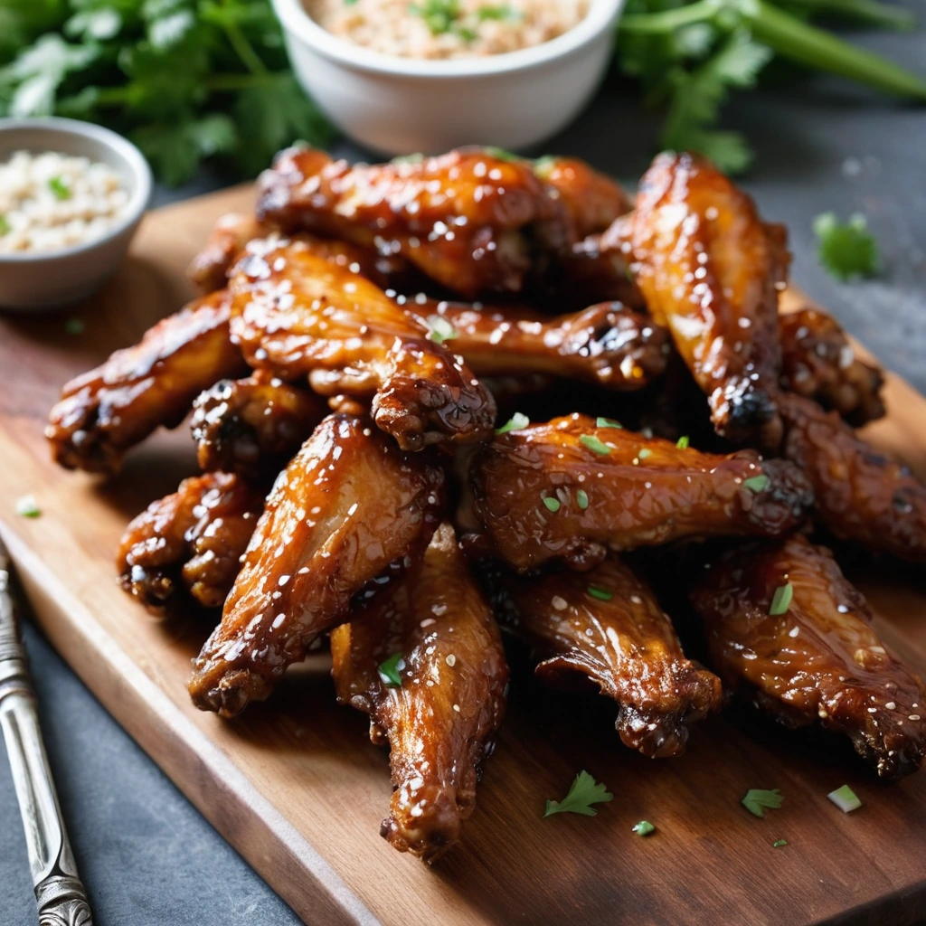 Golden chicken wings glistening with a rich amber glaze, arranged on a rustic wooden board.