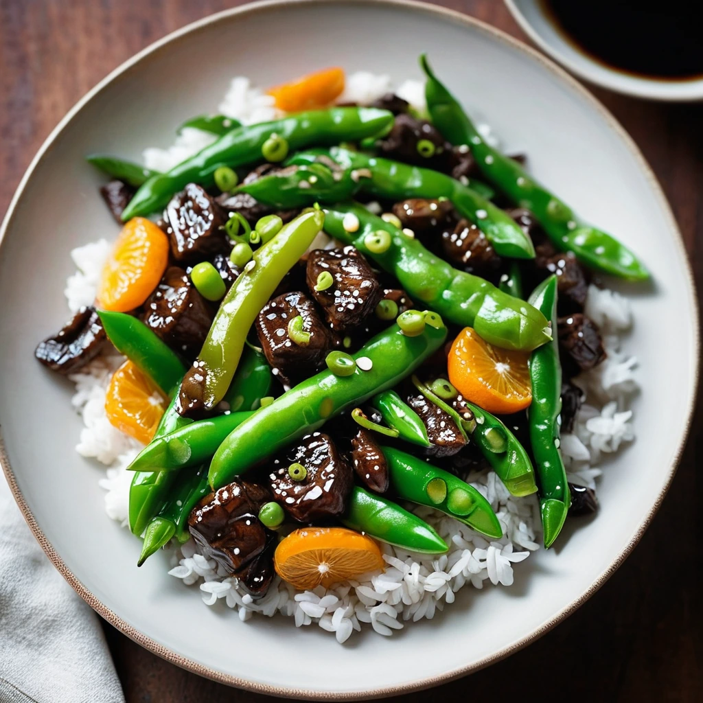 A sizzling skillet of glossy orange beef with vibrant green snap peas served on a white plate.