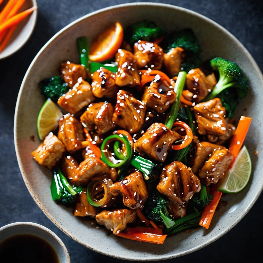 Glossy orange chicken pieces with julienned carrots and bell peppers in a sizzling wok.