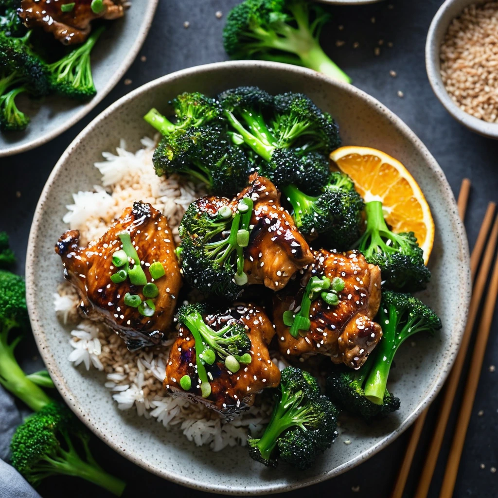 Plump orange-glazed chicken thighs nestled among vibrant green broccoli florets sprinkled with sesame seeds