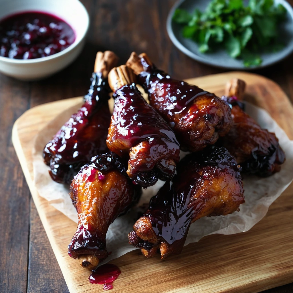 Glossy, dark purple-glazed chicken drumsticks arranged on a rustic wooden board.