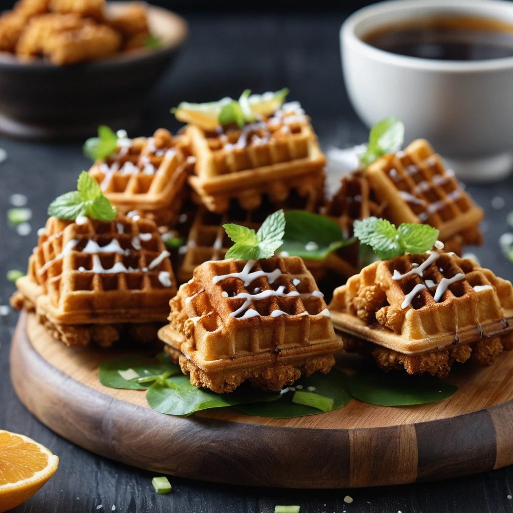 Bite-sized waffles topped with sesame-coated chicken drizzled with a glossy orange-brown sauce, arranged on a rustic wooden board.