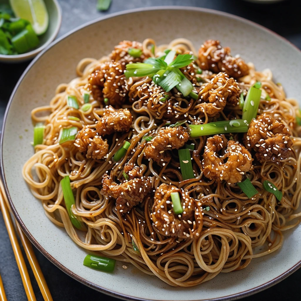 Golden fried noodles with chicken pieces in a shiny brown sauce, sprinkled with sesame seeds and green onions on a white plate.