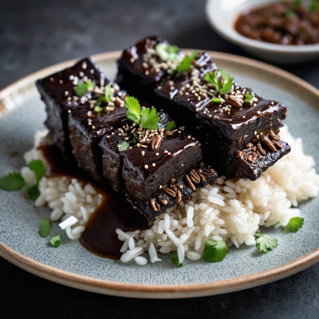 Platter of glossy, deep brown beef short ribs with a sprinkle of sesame seeds.
