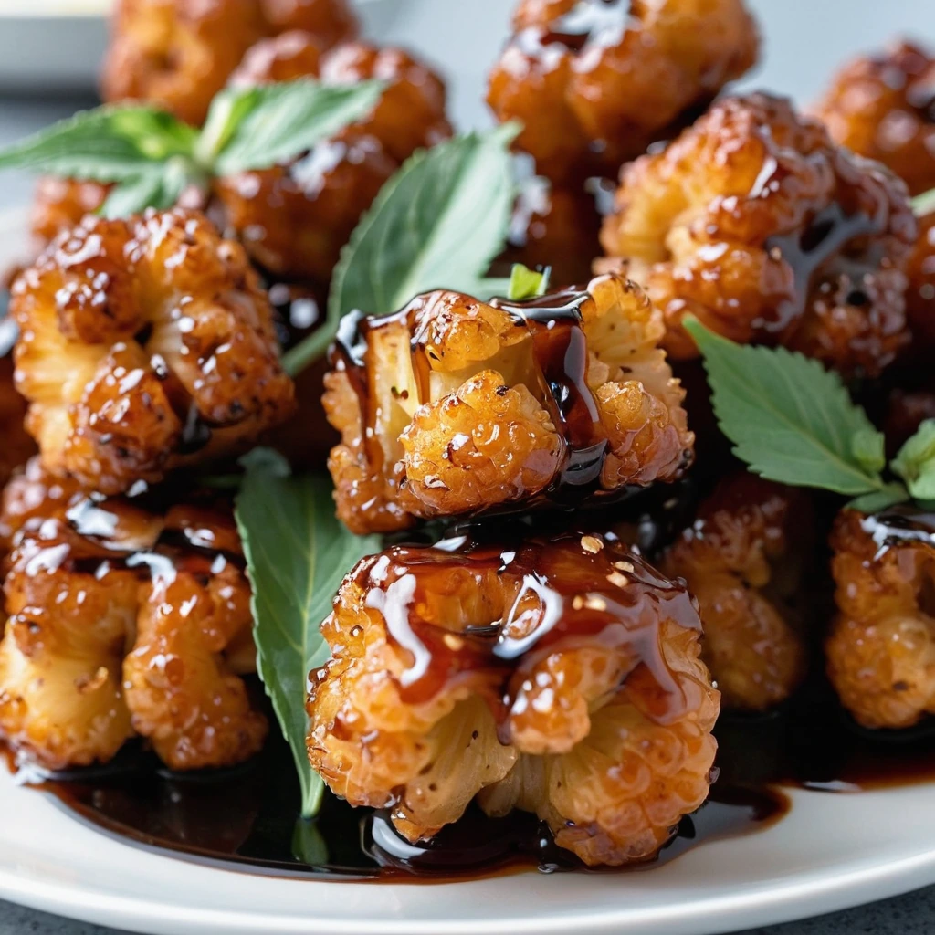 Glossy orange-brown cauliflower florets in a shiny teriyaki glaze arranged on a white plate.