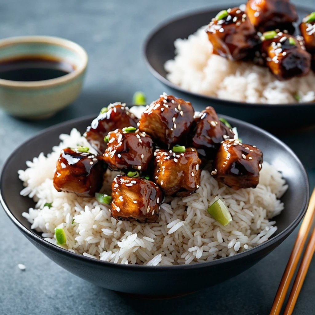 Glossy orange chicken bites nestled atop fragrant sesame rice in a shallow bowl.