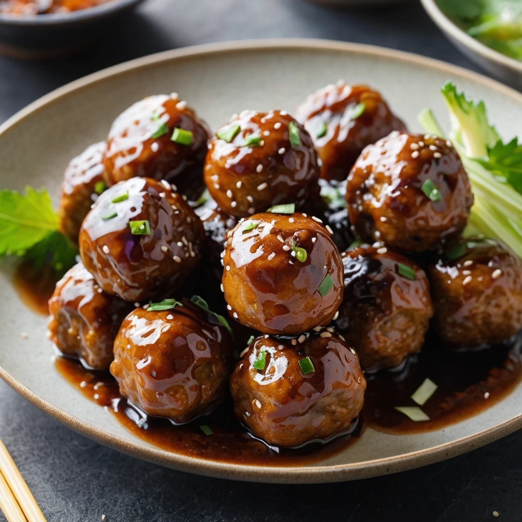 golden brown meatballs in a glossy orange-brown sauce, garnished with sesame seeds on a serving plate