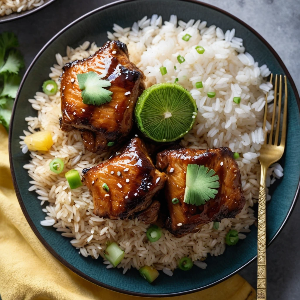 Glossy orange-brown chicken thighs on a bed of golden rice with flecks of green scallion