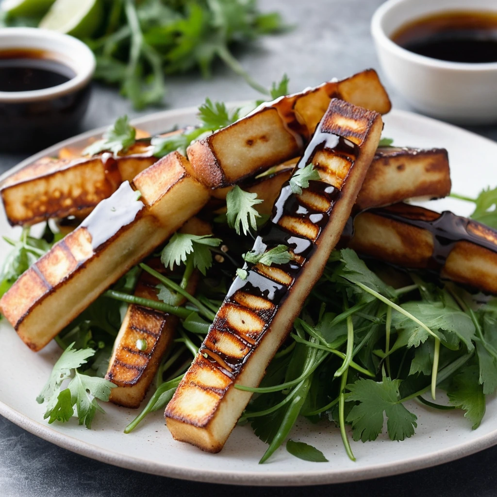 Crispy golden halloumi fries glazed in a shiny dark brown teriyaki sauce on a white plate.