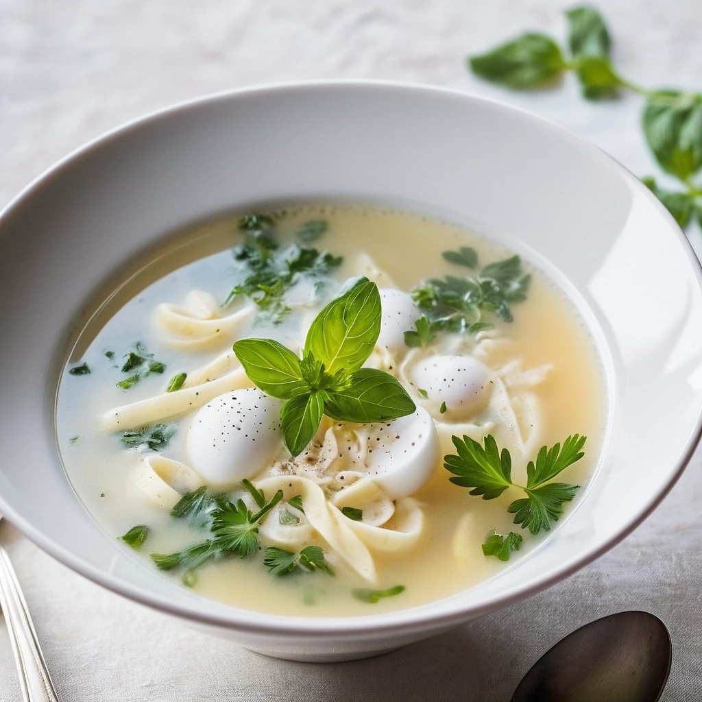 Steamy bowl of golden egg ribbons in clear broth garnished with freshly chopped parsley.