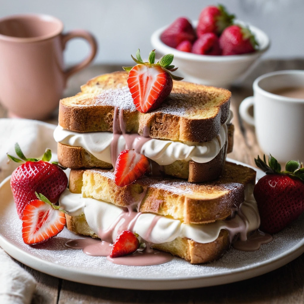 Thick slices of golden French toast stuffed with strawberries and cream, arranged on a rustic wooden board.