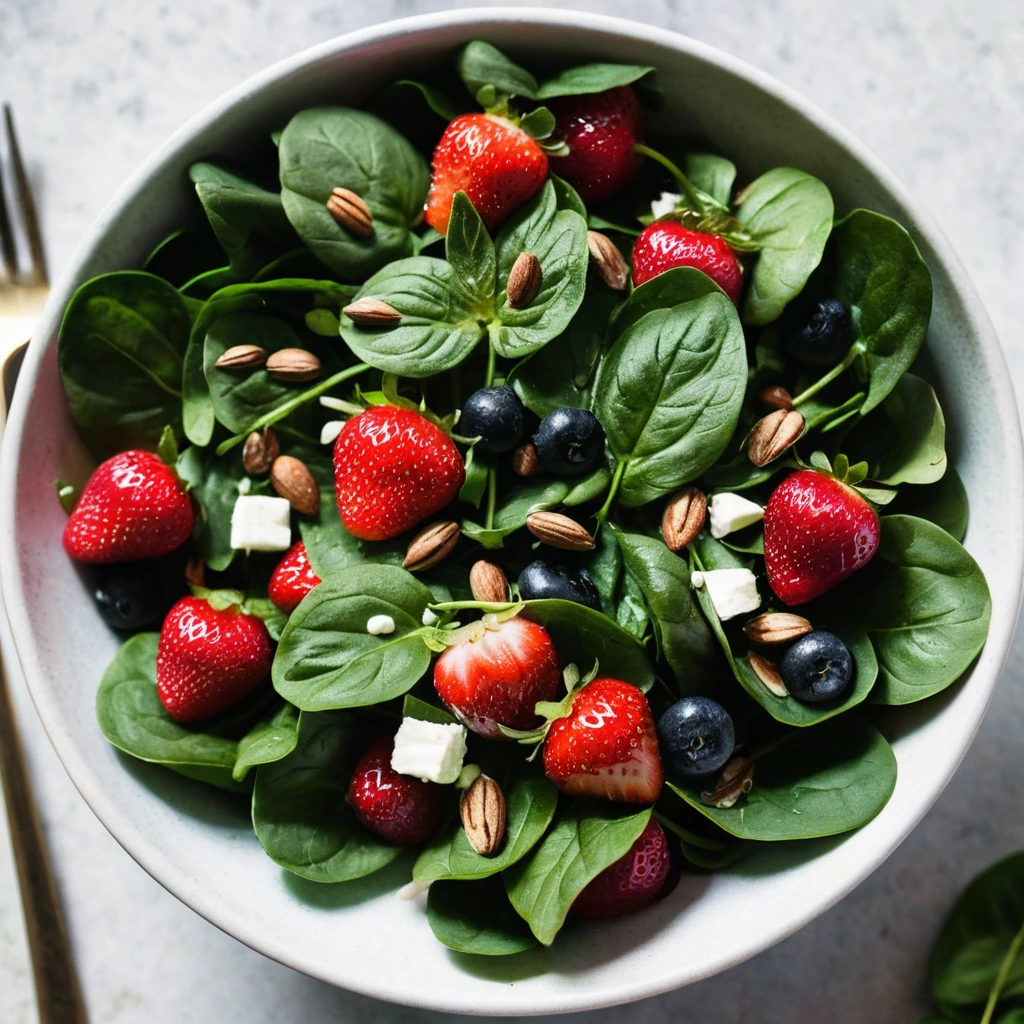Colorful salad in a bowl with dark spinach leaves, red strawberries, and a drizzle of glossy balsamic dressing.