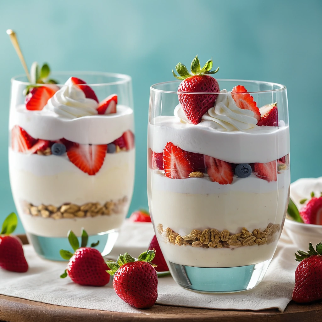 Layers of creamy Greek yogurt, vibrant strawberry slices, and banana in a clear glass.
