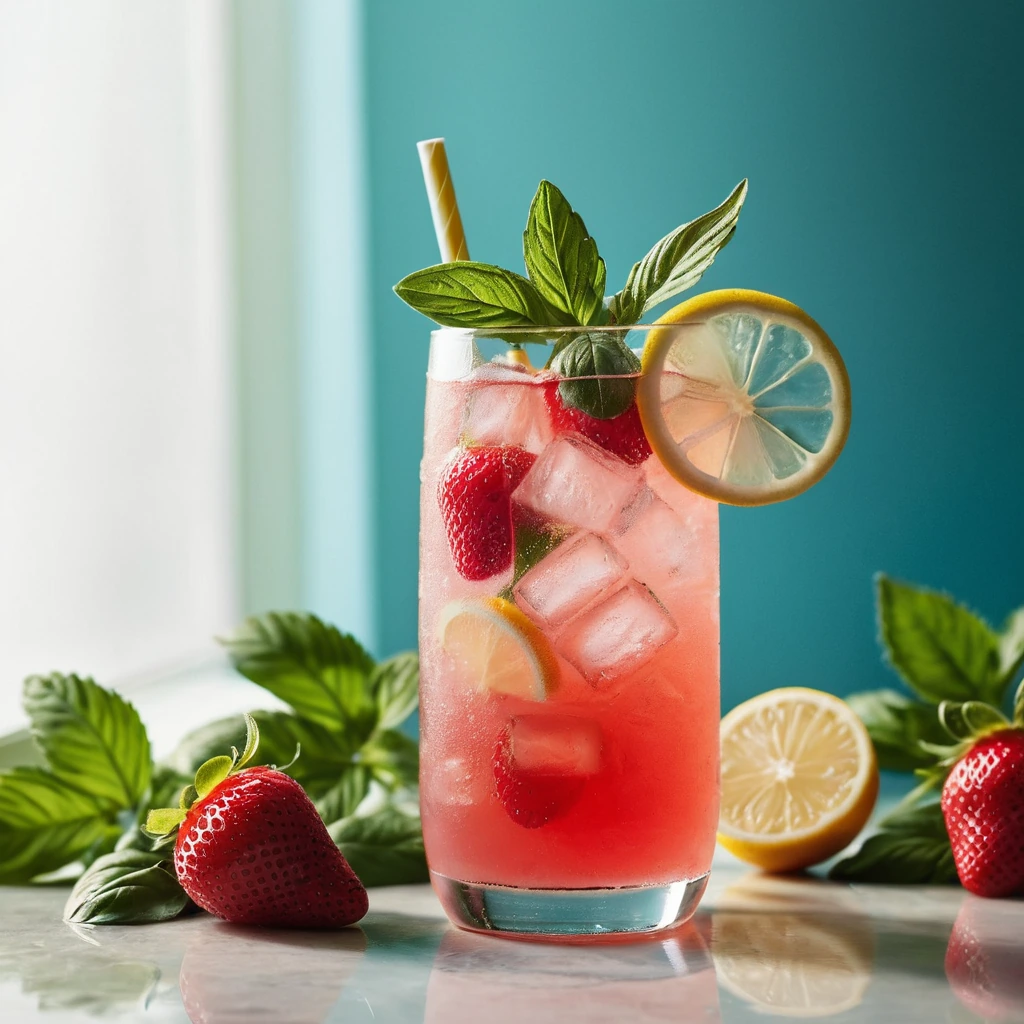 Clear glass filled with pink lemonade, fresh basil leaves, and ice cubes, with a citrus slice garnish.
