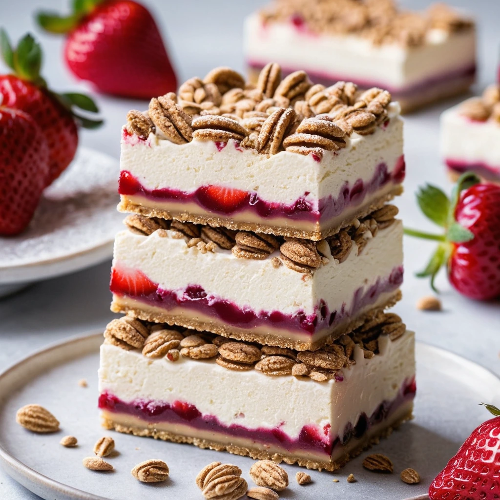 Rectangular bars with a golden crumbly crust, creamy white filling, and swirls of red strawberry jam on top.