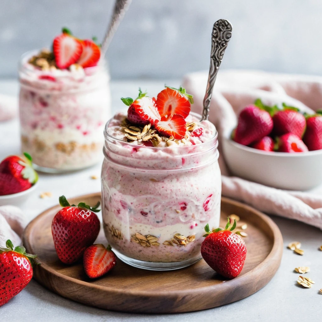 A bowl of pink and white swirled overnight oats topped with fresh strawberries and a drizzle of white