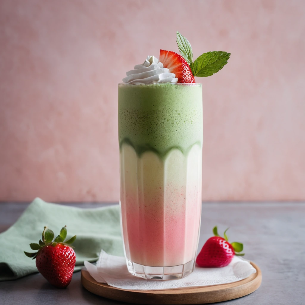 Tall glass with layers of pink strawberry and green matcha latte over ice, topped with foam.