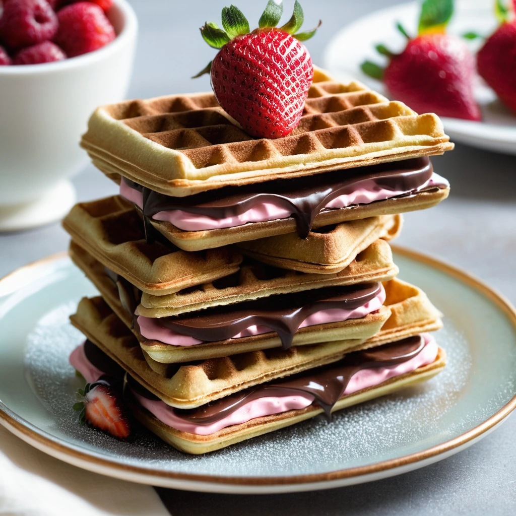 Golden waffles with Nutella and strawberry slices pressed together in a sandwich form on a plate.