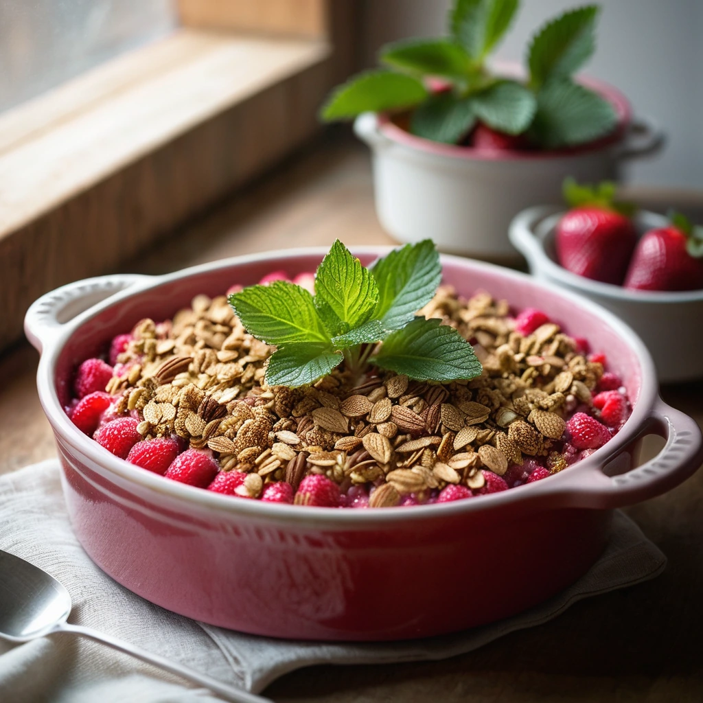 Warm strawberry rhubarb filling topped with golden brown oat crumble in a rustic oven-safe dish, sprinkled with fresh mint.