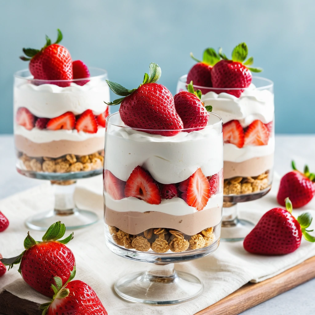 Clear glass parfait glasses filled with layers of golden crunch bars, fresh red strawberries, and pillowy white whipped cream.