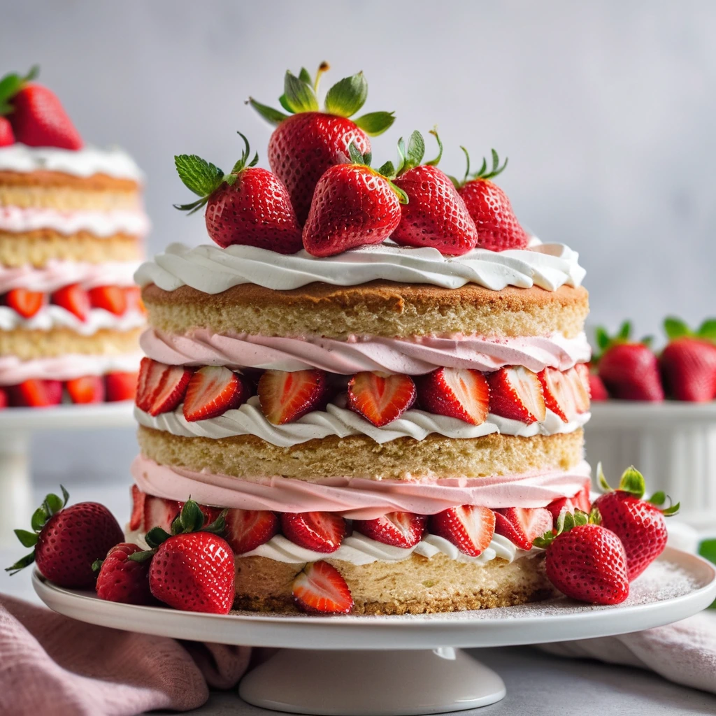 A slice of layer cake with pink strawberry filling peeking through, topped with whipped cream and fresh strawberry slices.
