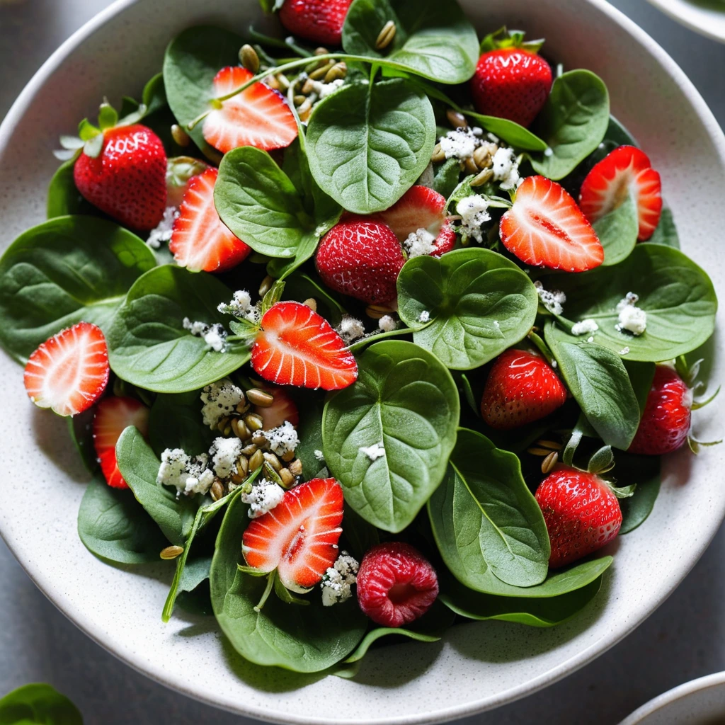 colorful salad with fresh strawberries, spinach leaves, and a sprinkle of poppy seeds