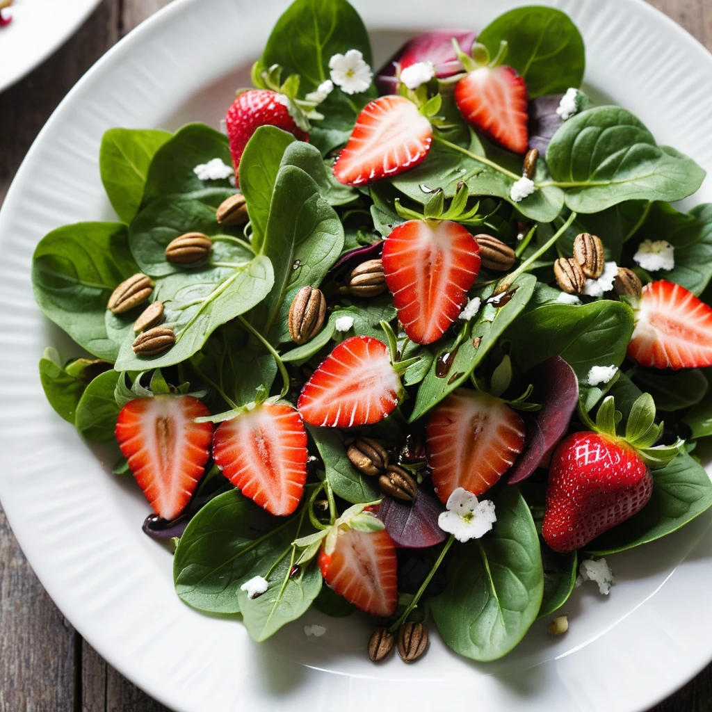 colorful salad with fresh strawberries, spinach leaves, and a drizzle of balsamic vinaigrette on a white plate