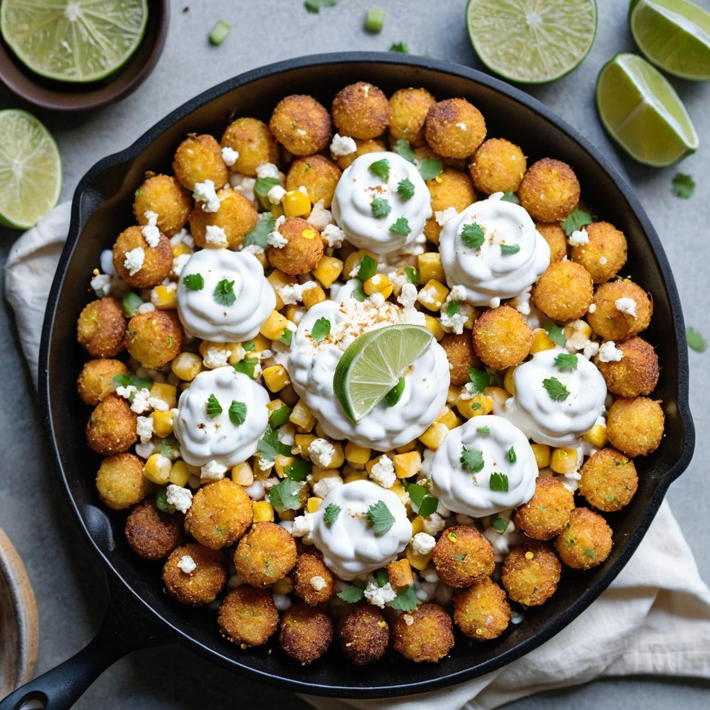 Golden tater tots in a skillet topped with grilled corn, cotija cheese, and a drizzle of lime crema.