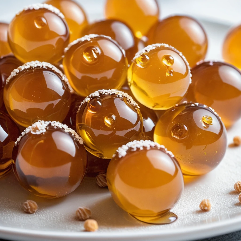Clusters of golden fried dough balls coated in shiny amber honey syrup with multicolored sprinkles on a white plate.