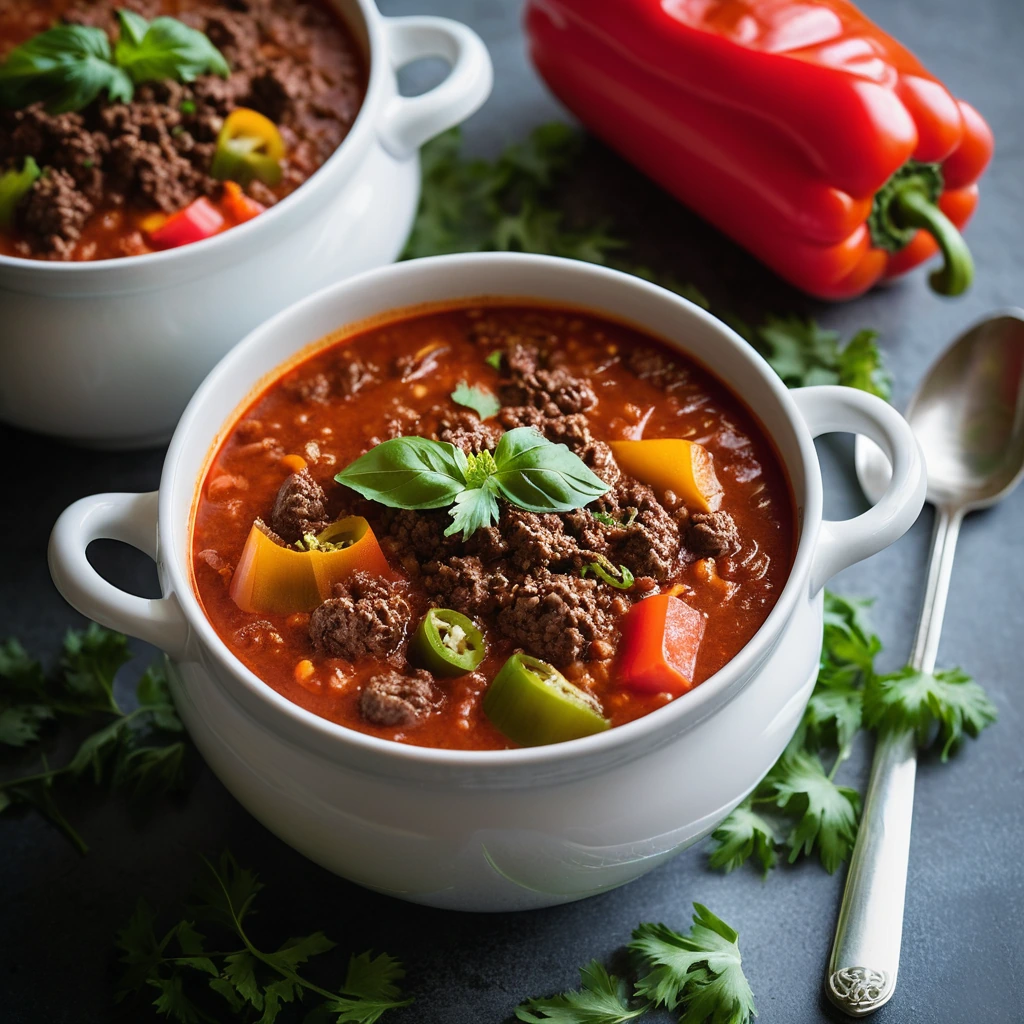 Steaming bowl of red soup with chunks of green bell pepper and ground beef, garnished with fresh parsley.