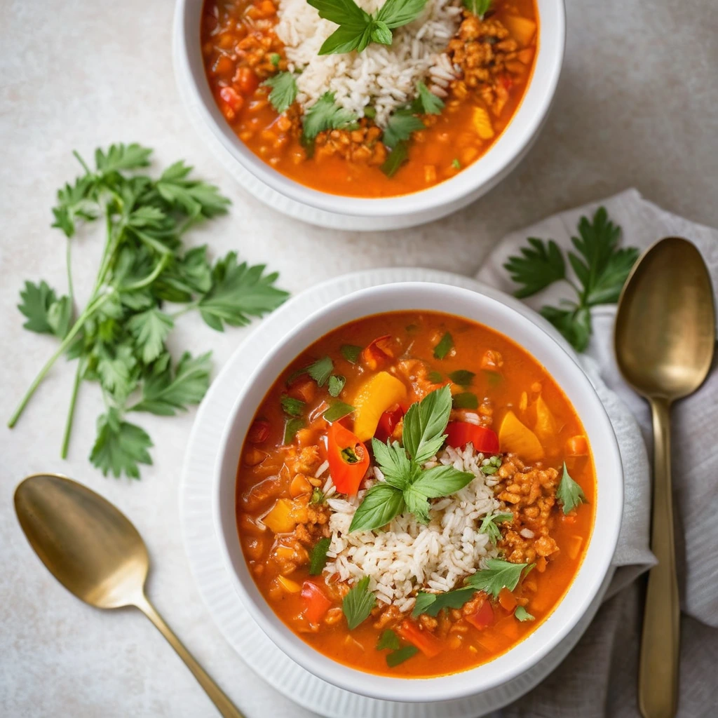 Bowl of vibrant orange soup with rice and diced peppers, garnished with fresh green herbs.