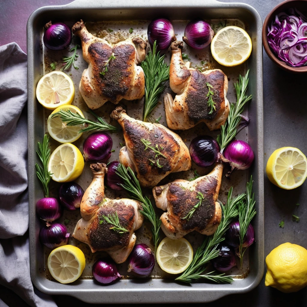 Golden chicken thighs and red onions roasted on a sheet pan, dusted with sumac and lemon slices.