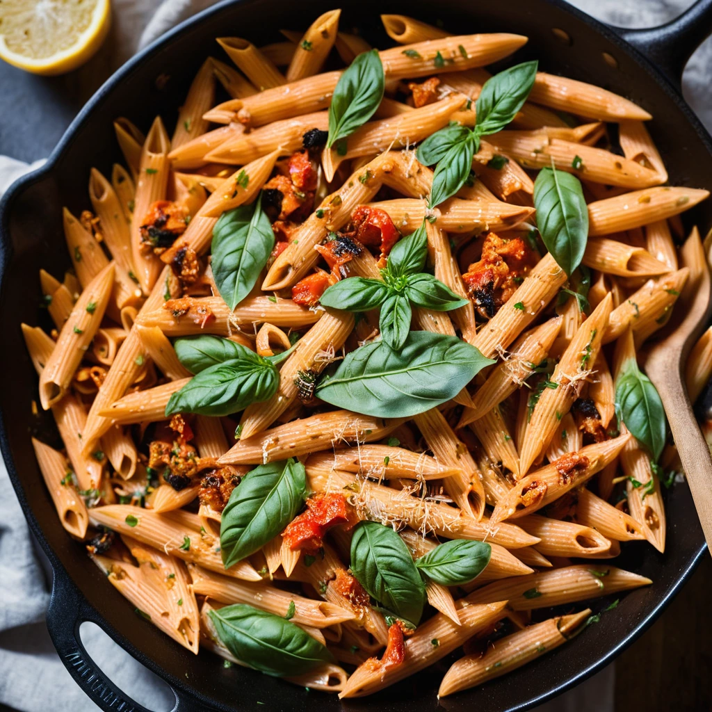 Golden penne pasta in a vibrant orange sauce with chicken and sun-dried tomatoes served in a skillet.