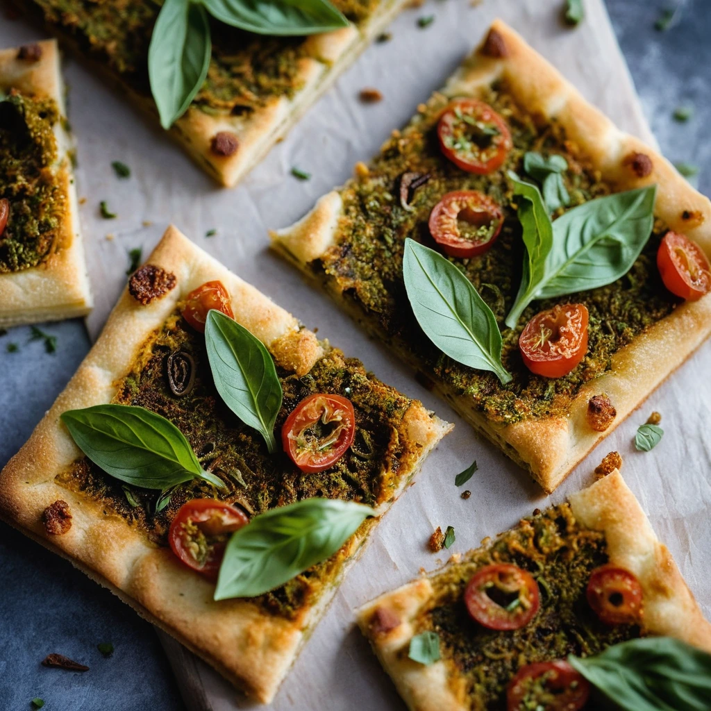 Crispy golden flatbread squares topped with a colorful swirl of red and green pesto.
