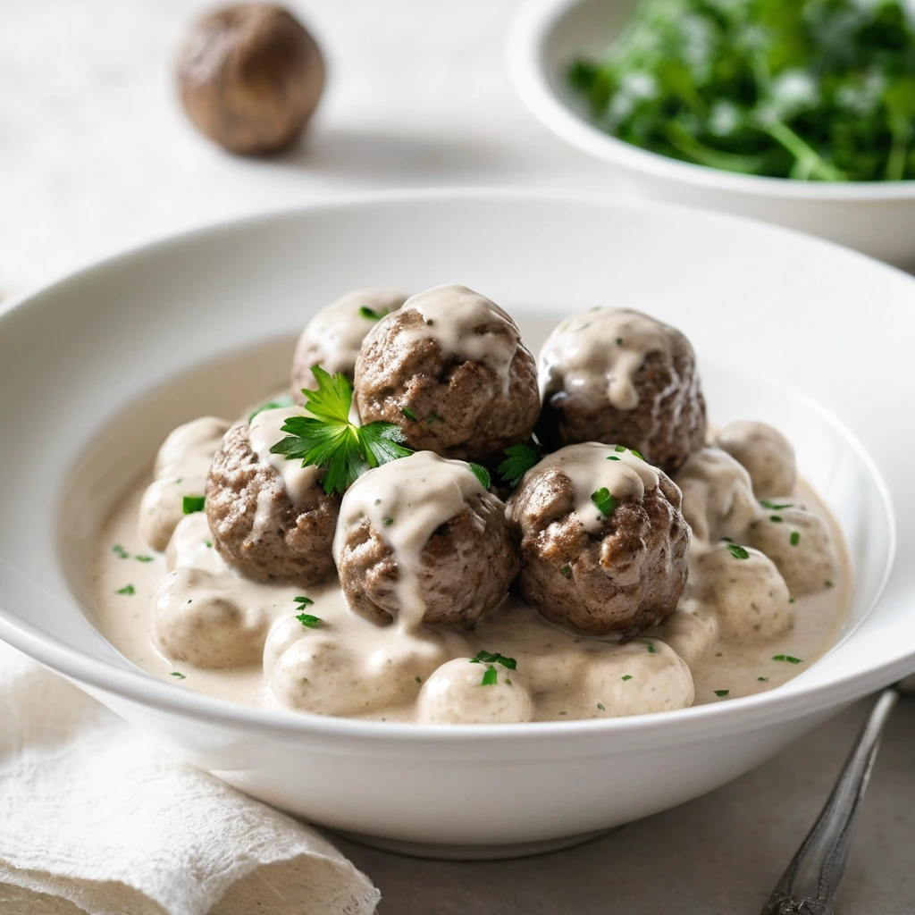 Golden-brown meatballs in a creamy white sauce served in a shallow white bowl with fresh parsley sprinkled on top.