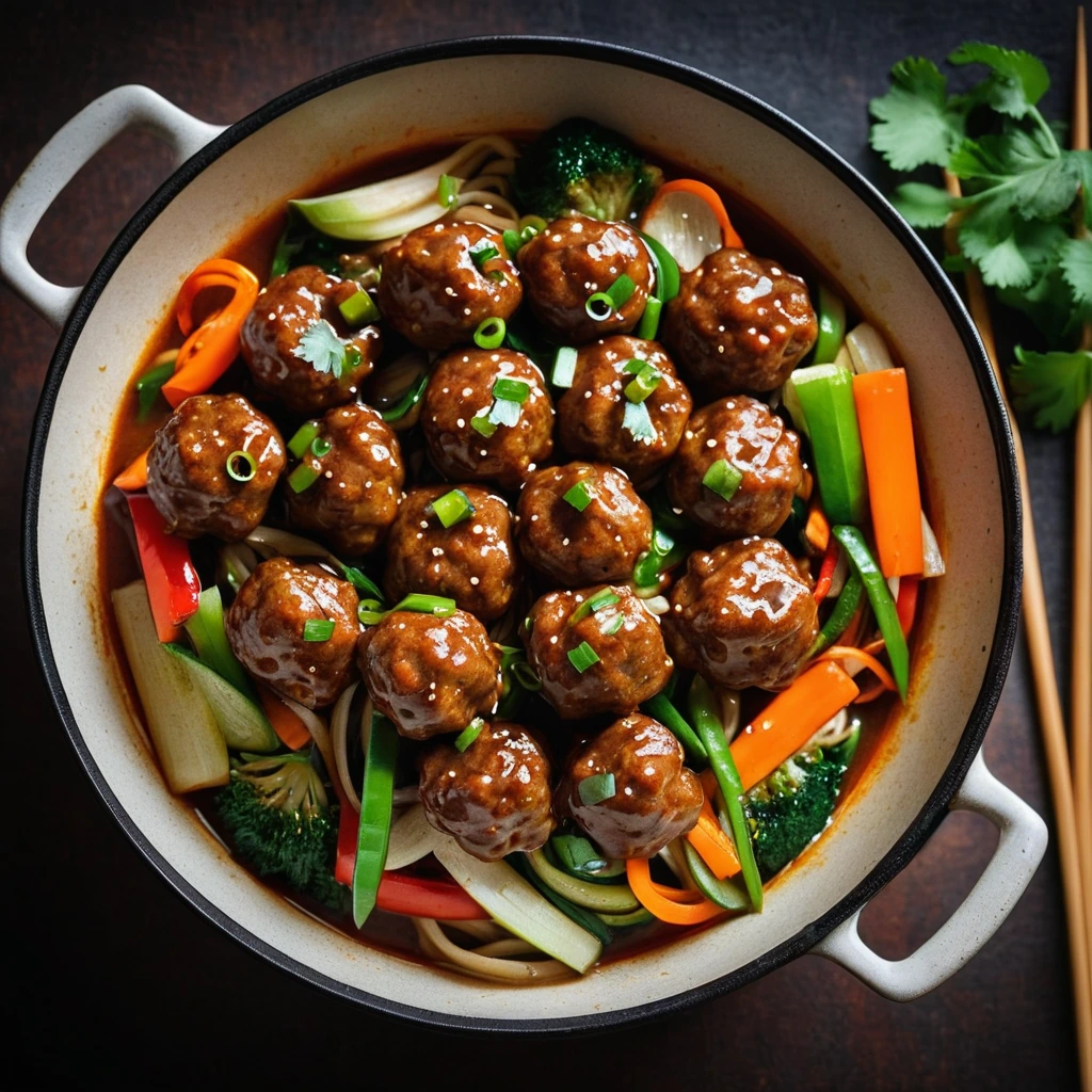 Colorful mix of vegetables and golden pork meatballs in a glossy orange sauce served in a sizzling wok.