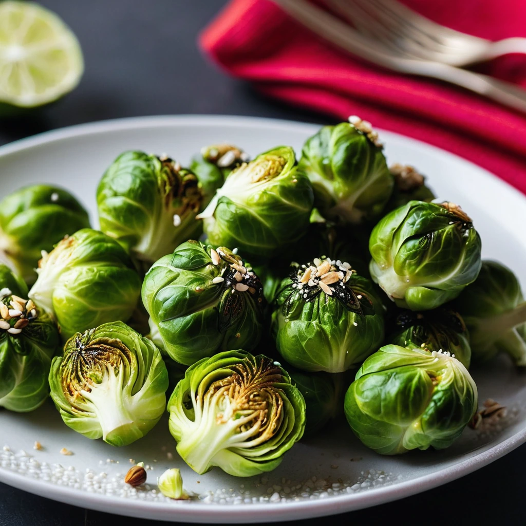 golden brown brussels sprouts bites in a shiny red sauce, garnished with sesame seeds on a white plate