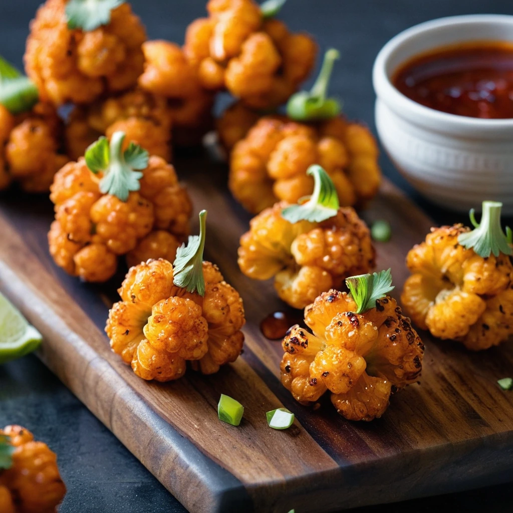 Golden cauliflower florets drizzled with a vibrant orange-red glaze, arranged on a rustic wooden board.