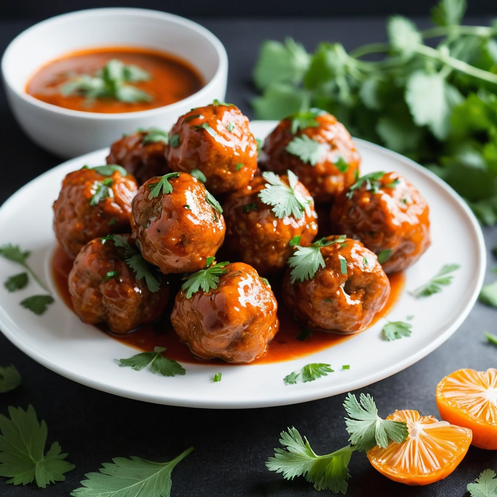 Golden brown meatballs in a vibrant orange-red sauce, garnished with fresh cilantro on a white plate.
