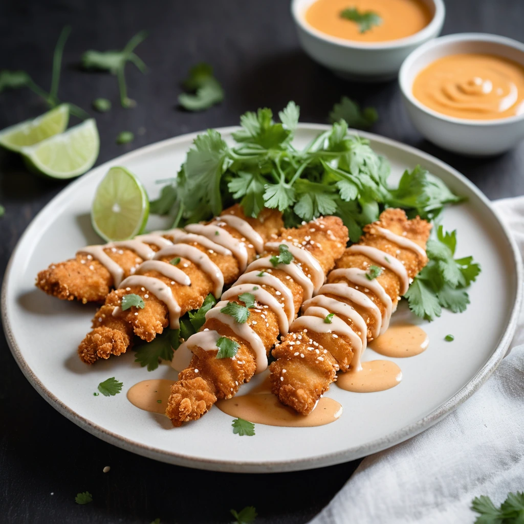 Golden chicken tenders drizzled with vibrant orange sauce on a white plate with fresh cilantro garnish.